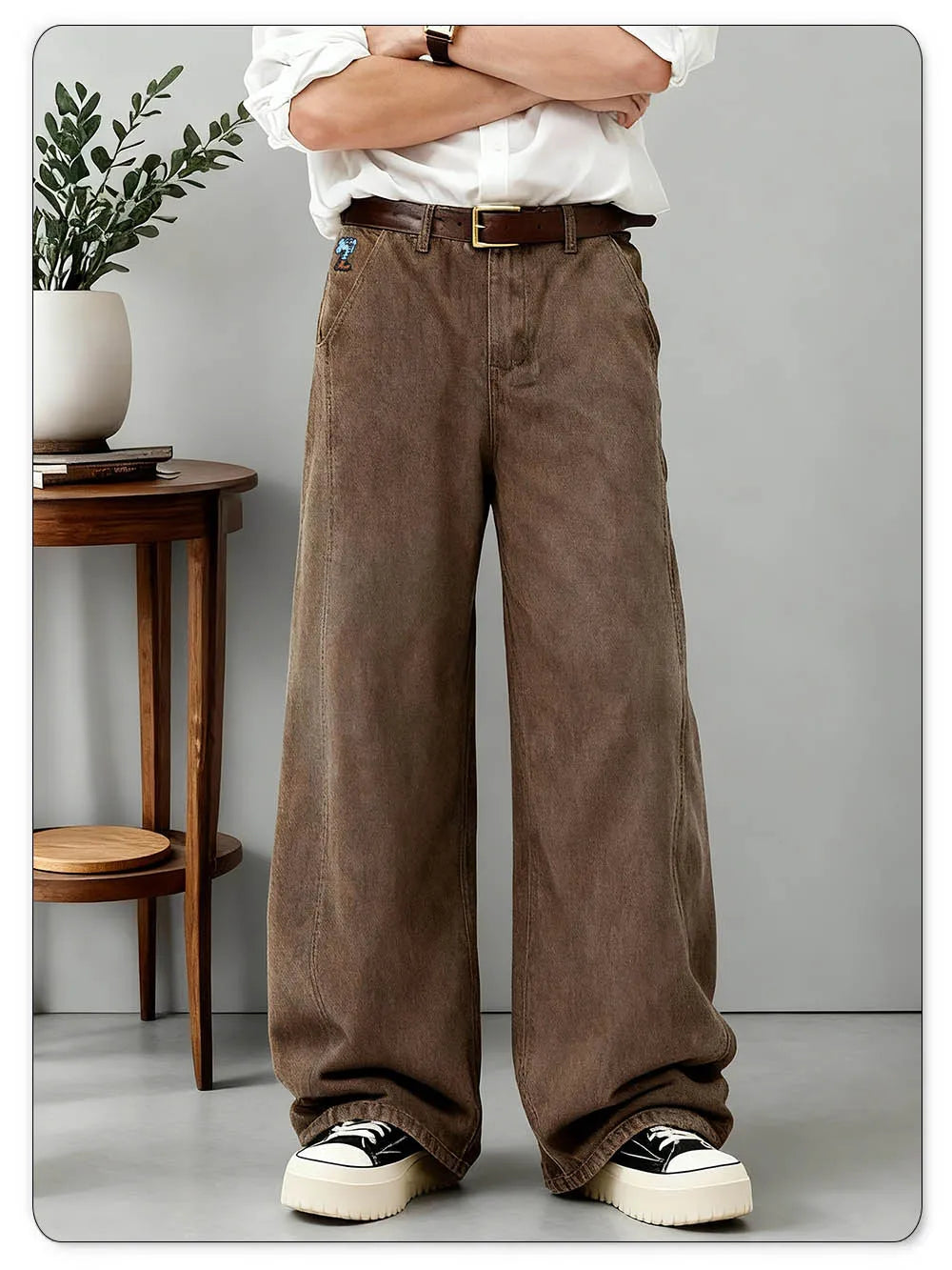 American Men's Retro Brown Ultra Baggy Wide Leg Jeans Street Casual Embroidery Oversized Men's Clothes Unisex Denim Pants