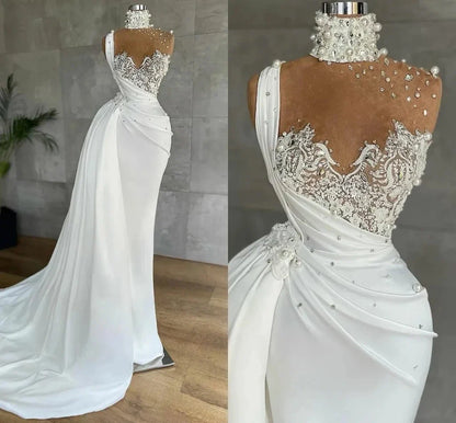 Mermaid Wedding Dresses with Detachable Train Pearls Applique Beaded Bridal Gowns High Neck Robes De Mariee Vestidos Customized