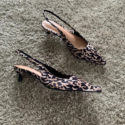 Woman Leopard Print High Heels Women Sandals Summer Fashion Pointed Toe Low-heel Pumps Slingbacks Elegant Female Heeled Shoes