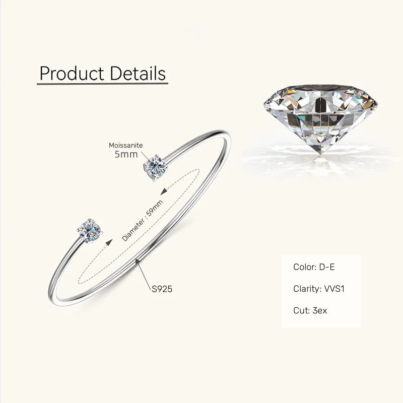 5mm 0.5ct D Moissanite Diamond Cuff Bangle for Women Wedding Bracelet Real Silver 925 Open Bangle Engagement Fine Jewelry