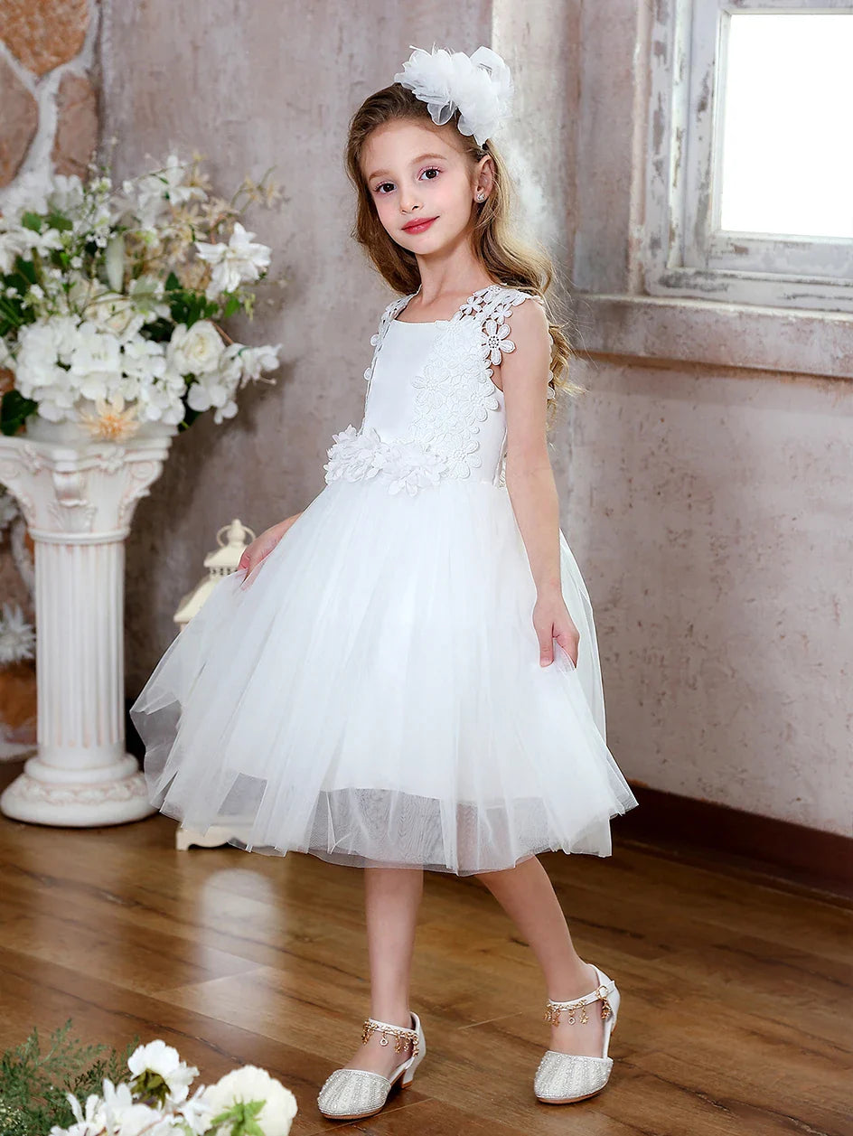 Girls Short Floral Decoration Flower Girl Bridesmaid Dresses Elegant Tulle Dresses Communion Dresses