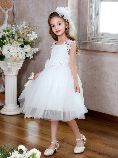 Girls Short Floral Decoration Flower Girl Bridesmaid Dresses Elegant Tulle Dresses Communion Dresses