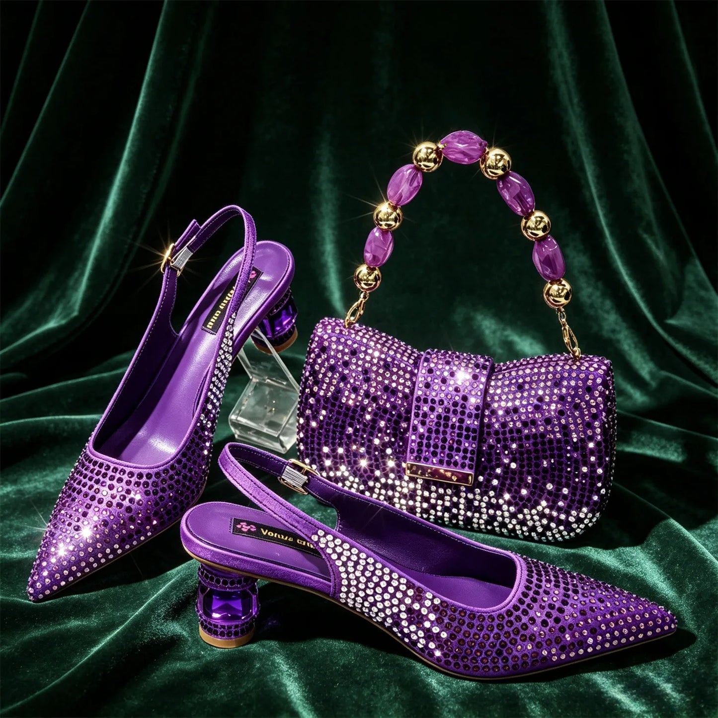 New Itlian Design Blue Color Rhinestone High Heel Shoe And Bag Fashion Style Pointed-Toe Shoes For COMFORT INCLUDED Women Shoes