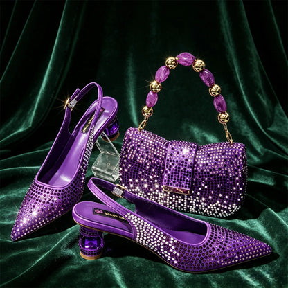 New Itlian Design Blue Color Rhinestone High Heel Shoe And Bag Fashion Style Pointed-Toe Shoes For COMFORT INCLUDED Women Shoes