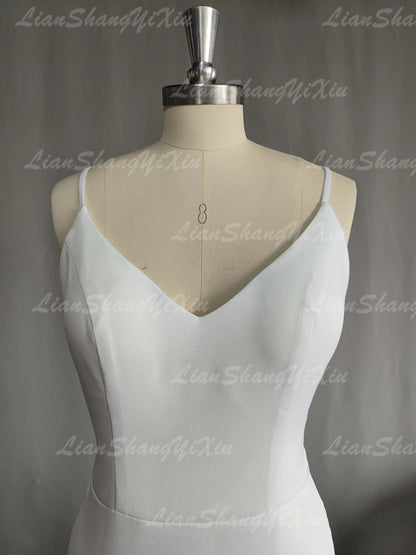 Customized Modern Simple Satin Wedding Dress V-neck Spaghetti Straps Backless Formal Pleated Bridal Growns vestidos Sweep Train