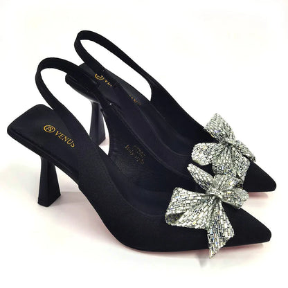 Italian Design Elegant Fuchsia Bow Rhinestone Pumps with Pointed Toe for Women 2024 Party Shoes and Bags Matching Set