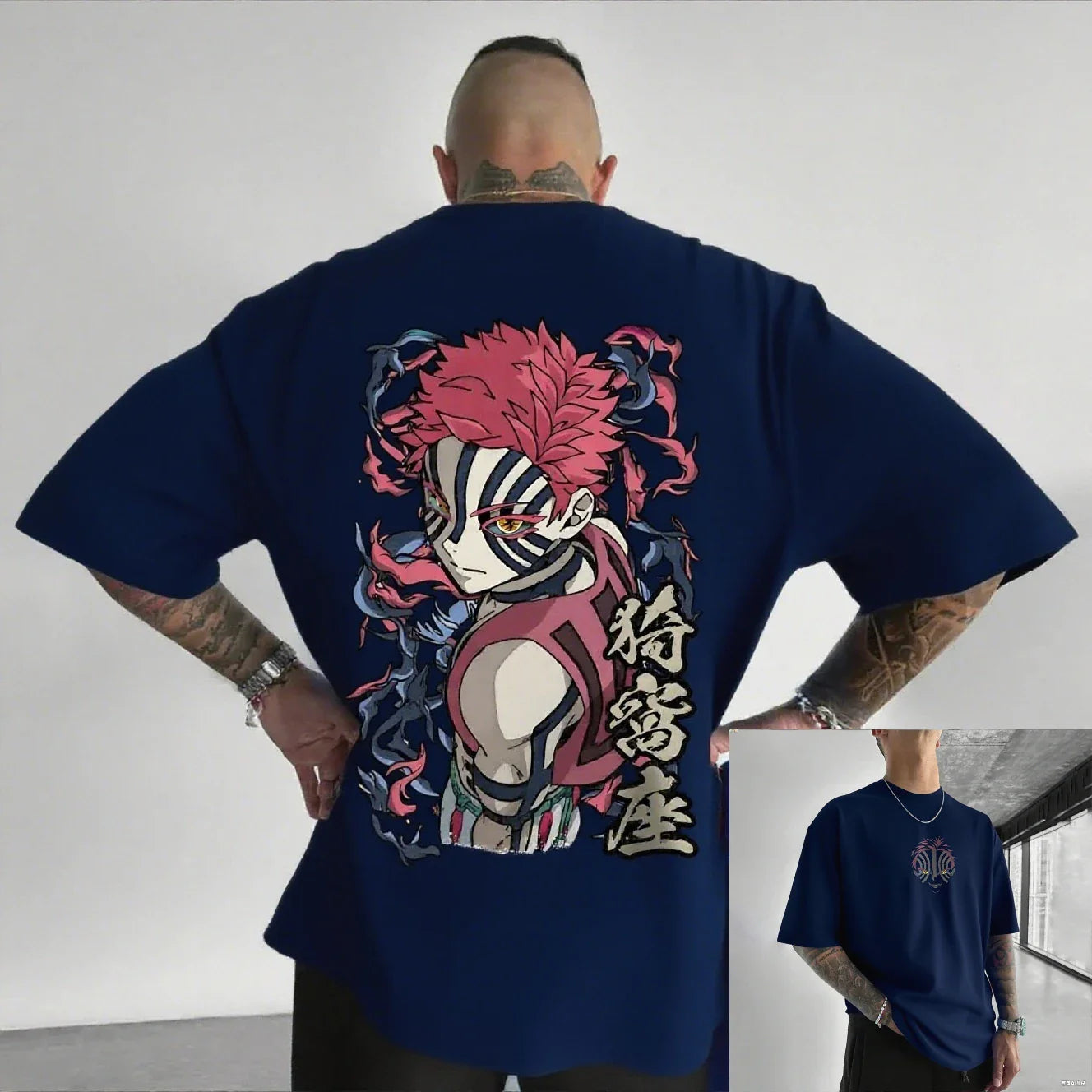 Camiseta Masculina Demon Slayer Akaza Anime Oversized Algodão Feminina Manga Curta Tops Verão Streetwear Gráfica Casual Roupa Y2k