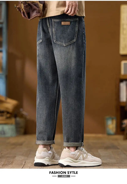 Jeans Denim Straight Pants Men Washed Distressed Mid Waist Pockets 2025 Streetwear Basics Ankle Length Trousers Vintage Denims