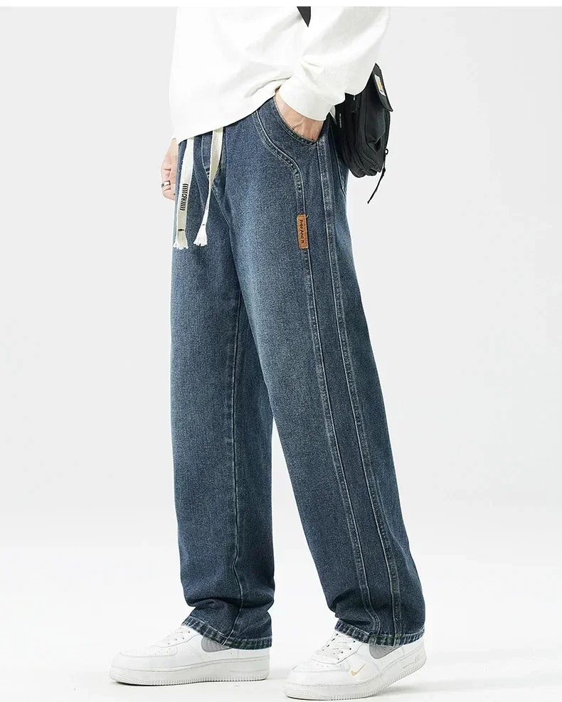 Men's Retro Jeans Elastic Waist Fashion Loose Straight Casual Wide Pants Cotton Casual Korean Baggy Wide Leg Denim Trousers