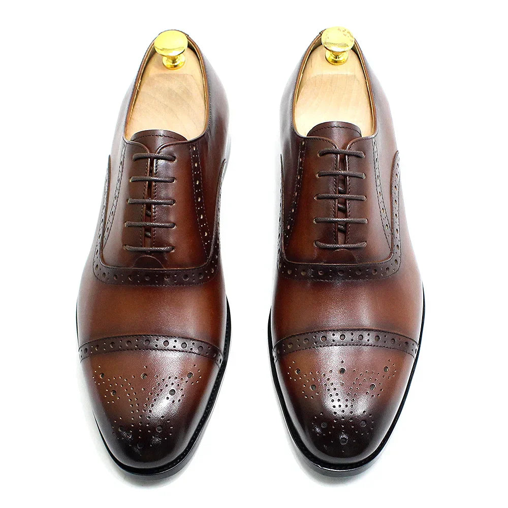 Luxury Genuine Leather Calfskin Cap Toe Oxfords Men's Dress Shoes Italian Style Lace-Up Wedding Business Formal Shoes for Men