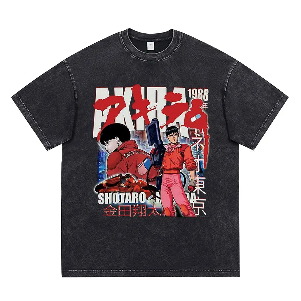 Japanese Anime Akira Washed Vintage T Shirt Science Fiction Cartoon Movie Shotaro Kaneda T-shirt Men Women Cotton Casual T-shirt