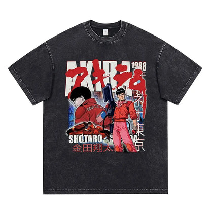 Japanese Anime Akira Washed Vintage T Shirt Science Fiction Cartoon Movie Shotaro Kaneda T-shirt Men Women Cotton Casual T-shirt