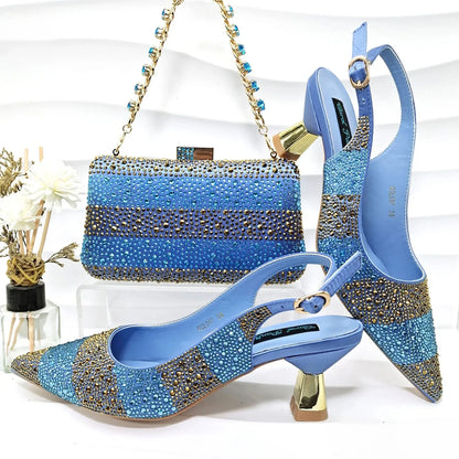 Fashion Nigerian Women Heel Party Ladies Italian Design Green Shoes And Bag Set Decorated with Rhinestone Handbag Wedding Party