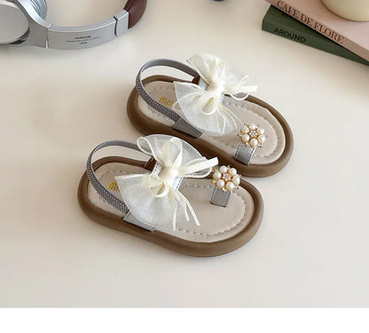 Summer Girl's Sandals Clip-toe Bowknot Elastic Band Soft Sole Kids Sliders Beautiful Pu Leather Chunky Morden Children Shoes