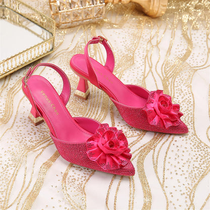 Elegant Fuchsia High-Heeled Women's Shoes with Water Diamond Accents - Stylish Pointed Toe Wedding and Party Pumps