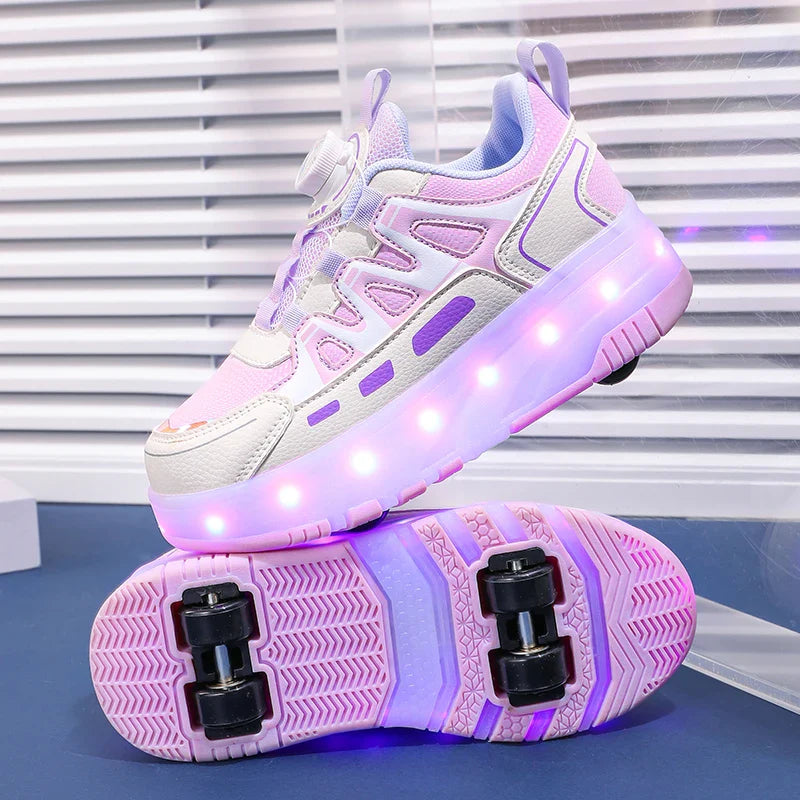 Boys Girls Roller Shoes Pink Blue Four Wheels Luminous Glowing Kids Outdoor Sport Casual Shoes USB Children Led Sneakers Shoes