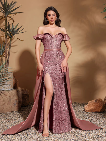 Sequined off-the-shoulder pleated collar satin floor-length dress