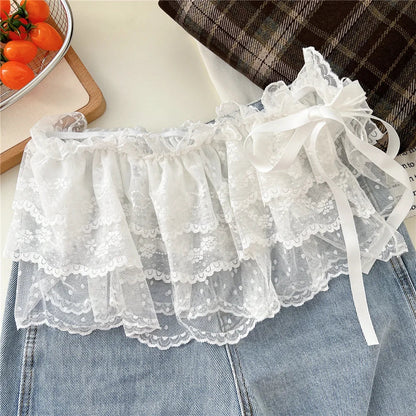 Korean Sweet Embroidered Ruffled Lace Trim Fart Curtain A Line Skirt Women High Waist Layering Cake Skirts Y2K Girls Streetwear