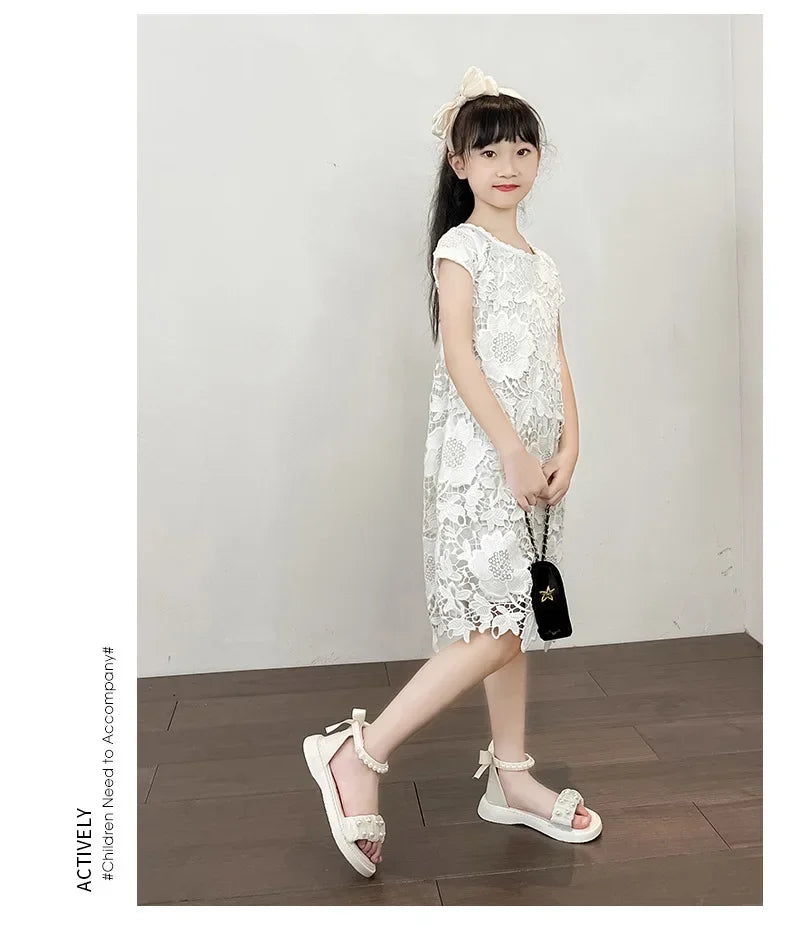 Children's Sandals Summer Bowtie Princess Shoes for Girls Fashion Sweet Kids Causal Pearl Roman Sandals Solid Color Hook Loop