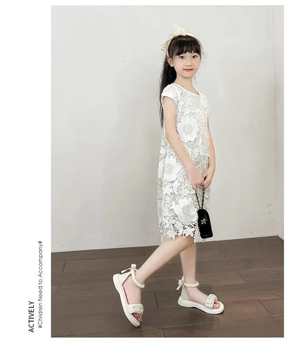 Children's Sandals Summer Bowtie Princess Shoes for Girls Fashion Sweet Kids Causal Pearl Roman Sandals Solid Color Hook Loop