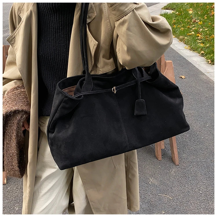 Velvet Zipper 2024 New Product Large Tote Bag Solid Large Capacity Popular Fashion Shoulder Bag Soft Simple Commuter Handbag