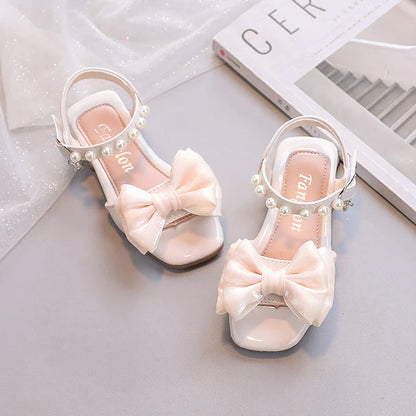 Sweet Girl's Sandals Bowtie Beading Patent Leather Children Sliders Summer Party Elegant Low Heel Black Beige Kids Shoes 26-36