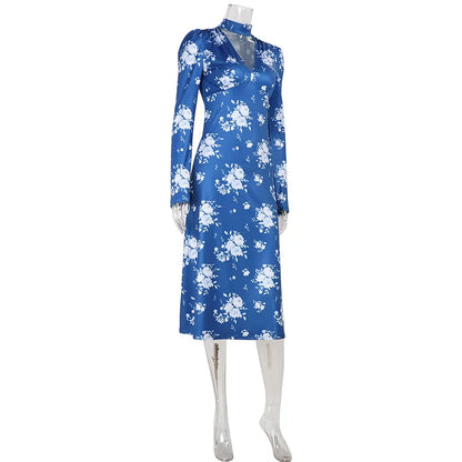 Dresses For Women Fashion Sexy Streetwear Regular V-Neck Full Sleeves Bodycone Mid Vestidos Robes Female Casual Slim Fit