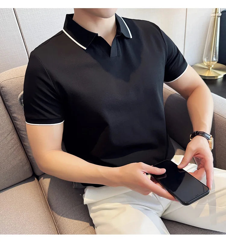 Business Casual Solid Color Men's Polo Shirt, 2024 Summer Classic, Men Short Sleeve V-neck T-shirt, Slim Fit Spliced Polo 4XL-M