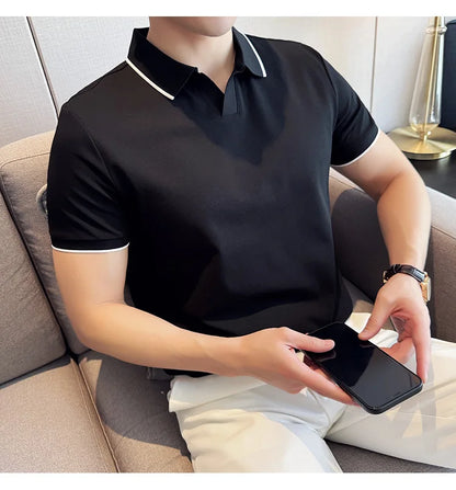 Business Casual Solid Color Men's Polo Shirt, 2024 Summer Classic, Men Short Sleeve V-neck T-shirt, Slim Fit Spliced Polo 4XL-M