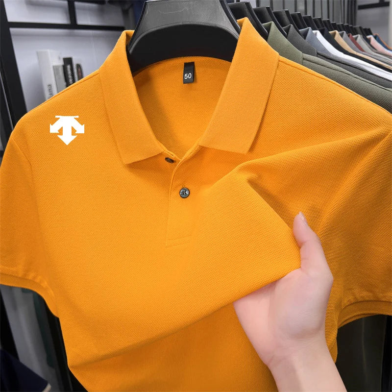 100% men's summer luxury brand polo shirt lapel geometric printing short sleeves t-shirt outdoor leisure men clothing tops