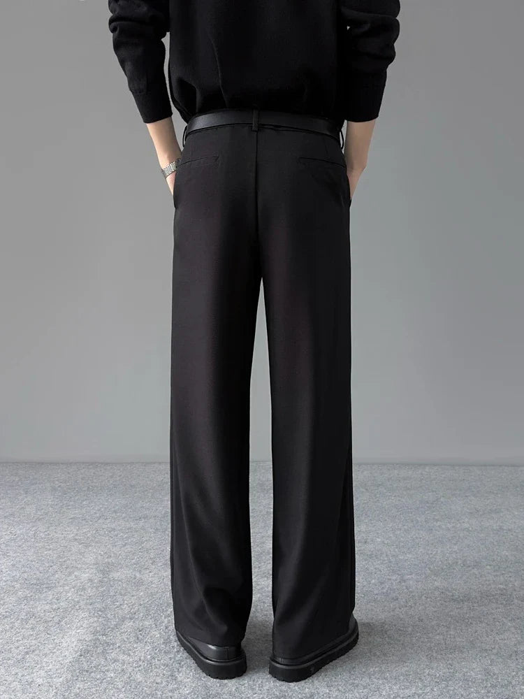 Spring New Loose Straight Pants Men Elastic Waist Double Pleats Wide Legs Casual Drape Fashionable Anti-wrinkle Trousers