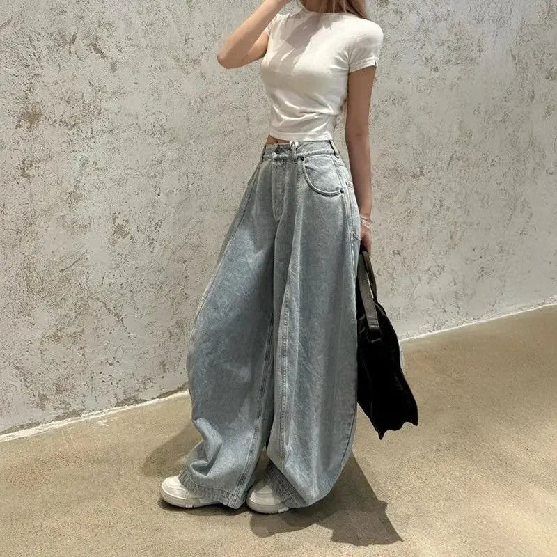 American Washed Loose Wide Leg Knife Edge Jeans Women's Spring Autumn New High Waist Loose Slimming Floor Length Pants