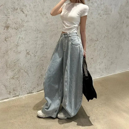 American Washed Loose Wide Leg Knife Edge Jeans Women's Spring Autumn New High Waist Loose Slimming Floor Length Pants