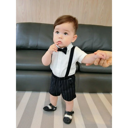 Gentleman Baby Boss Suit White Polo Shirt Stripe Straps Shorts Set 1st Birthday Outfit for Baby Kids Boys Wedding Party Tuxedo