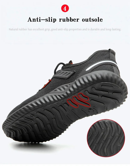 Steel-toe work shoes, puncture-resistant safety boots, sturdy industrial shoes, comfortable and breathable, and slip-resistant.