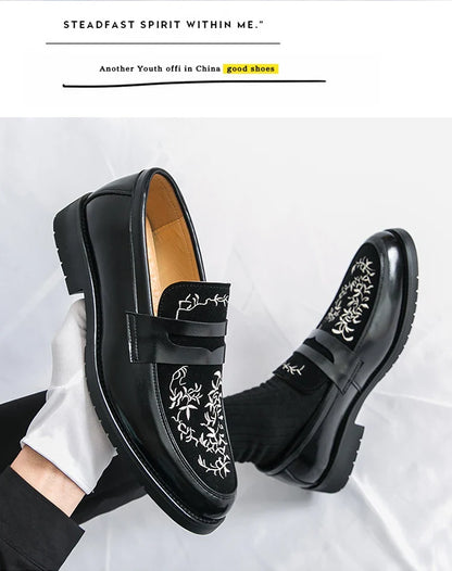 Green Embroidered Man Formal Shoes Autumn Men's Loafers Shoes High Quality Casual Leather Shoes for Men chaussure hommes cuir