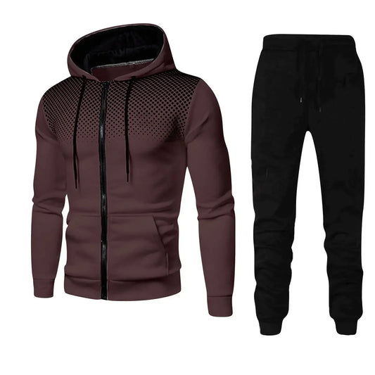 2025 New Men's Sports Set Spring and Autumn Outdoor Running Clothing Dot Print Zipper Hoodie Sports Pants Two Piece Set