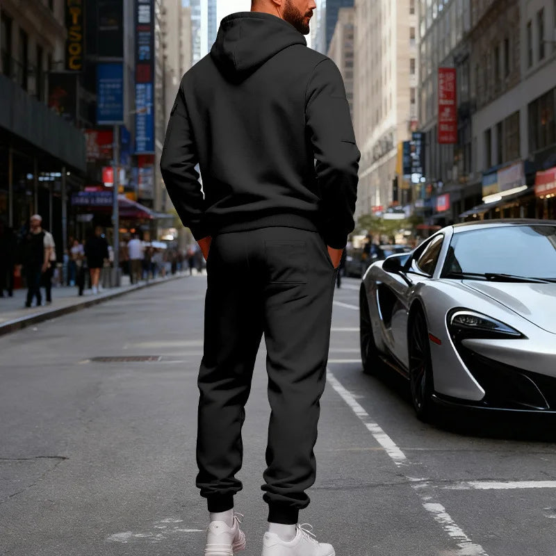 Autumn and winter men's velvet loose casual tooling outdoor sports fashion hooded sweater set
