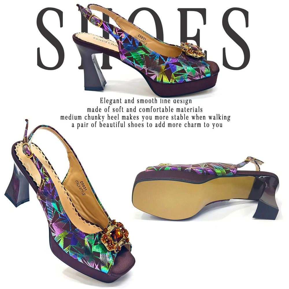 Elegant Women Heels for Peep Toe Good Material Design Rhinestone Fuchsia Sandals Italian Shoes and Bags Matching Set 2025