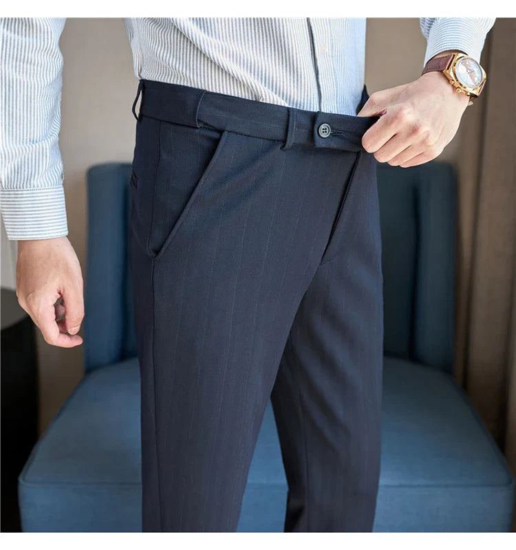 Men's Wool Blend Dress Pants, Elastic Waist Business Trousers, Tapered Slim Fit, Charcoal Gray Black Navy