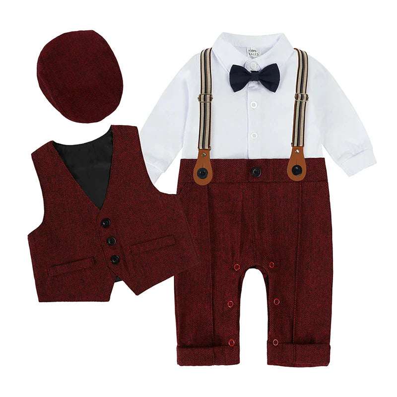 Toddler Gentleman Infant Baby Children Boys Clothes Set 3 Pcs Shirt Bow Tie Romper+Vest+Hat Newborn Dress Party Outfits Suit