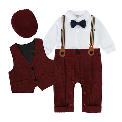 Toddler Gentleman Infant Baby Children Boys Clothes Set 3 Pcs Shirt Bow Tie Romper+Vest+Hat Newborn Dress Party Outfits Suit
