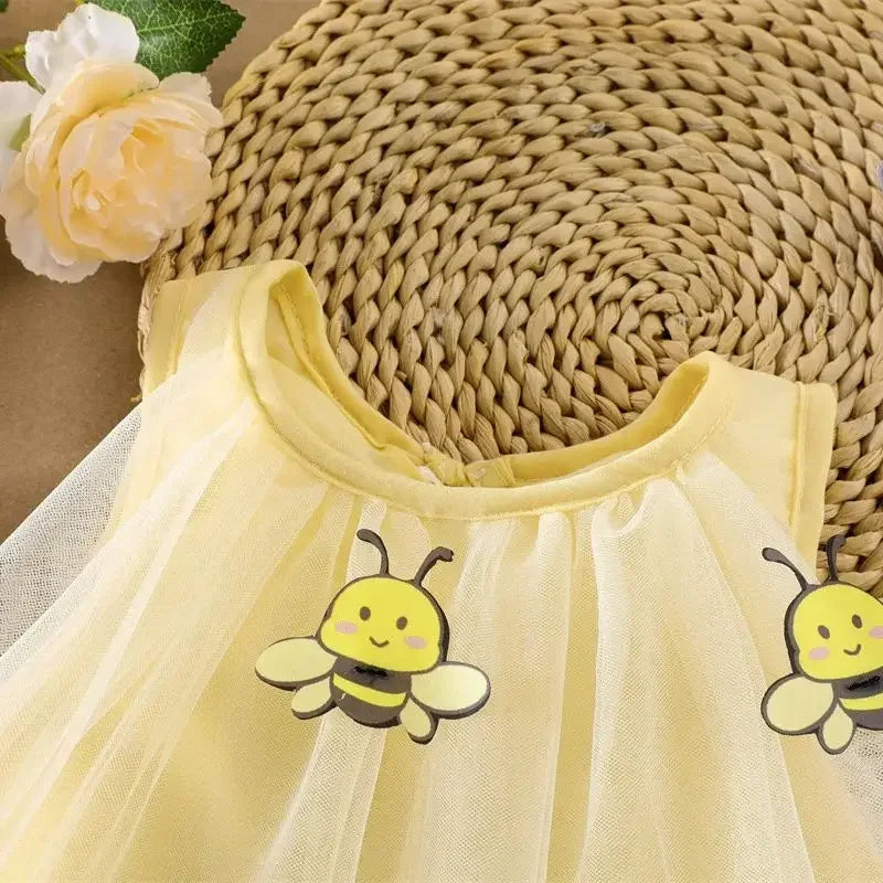 2026 Summer 12M-5Y Childrens Clothes Cute Bee Print Girls Dress with Tulle Skirt Sleeves Fluffy Dress for Girls