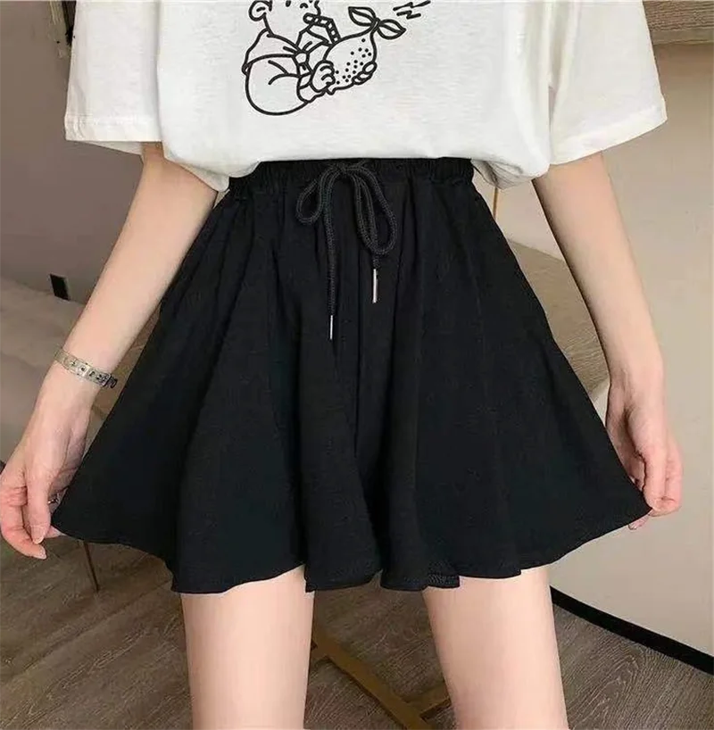 5Xl Summer Shorts Skirts Women Elastic High Waist Casual Wide Leg Shorts Korean A Line Loose Mini Skirt Black Short Pants