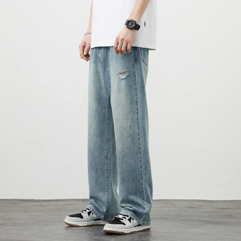 Korea Baggy Cargo Jeans Men Vintage Straight Ripped Y2k Pants Fashion Frayed High Street Distressed Denim Trousers Male Clothes