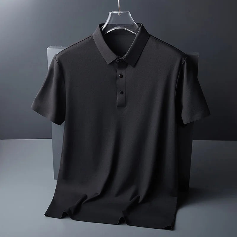 High quality wrinkle resistant ice silk short sleeve t-shirt men's summer Lapel loose casual solid color top high-end polo men