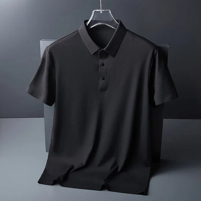 High quality wrinkle resistant ice silk short sleeve t-shirt men's summer Lapel loose casual solid color top high-end polo men