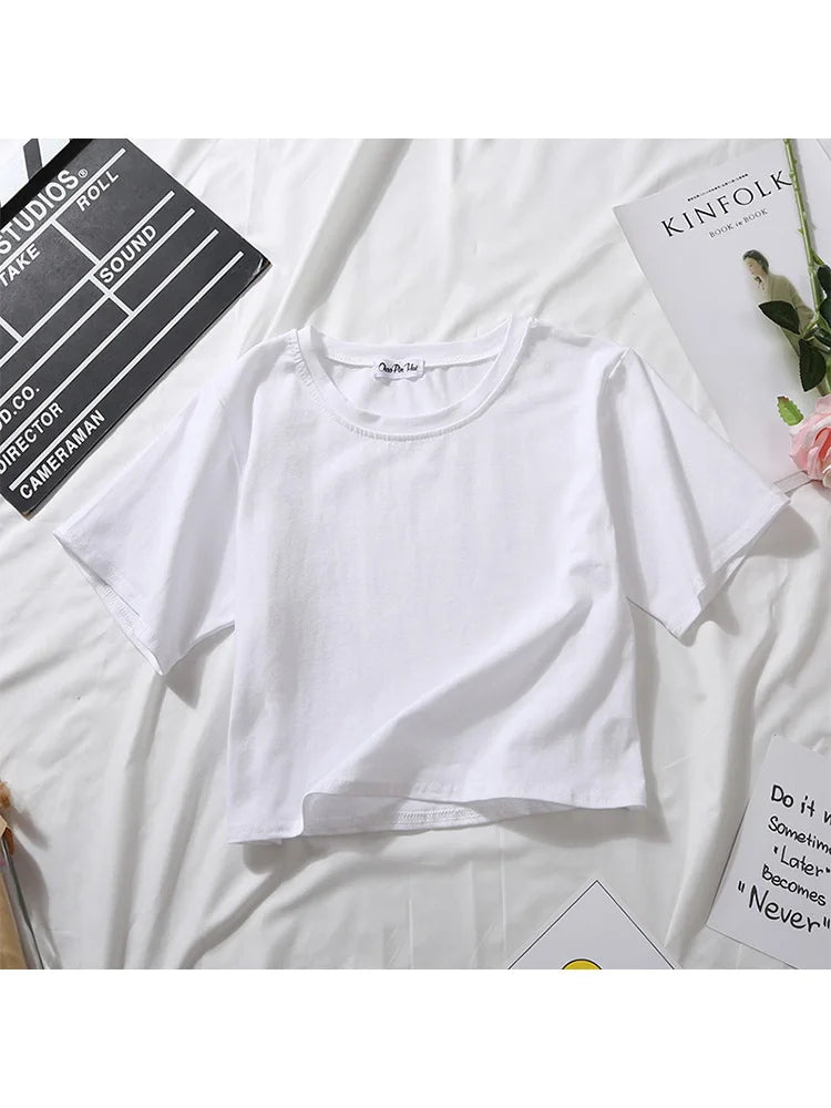 Summer Short Sleeve T Shirts Women  Solid T-shirt O Neck High Waist Crop Top Tee Female Casual Loose T Shirt