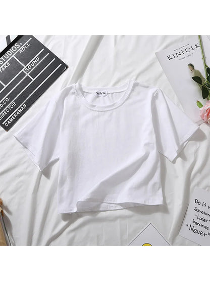 Summer Short Sleeve T Shirts Women  Solid T-shirt O Neck High Waist Crop Top Tee Female Casual Loose T Shirt