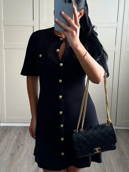 Elegant Knit Mini Dress Women Street Slim High Waist Short Sleeve Rib Sweater Dresses Vacation Bodycon Knitwear Dress